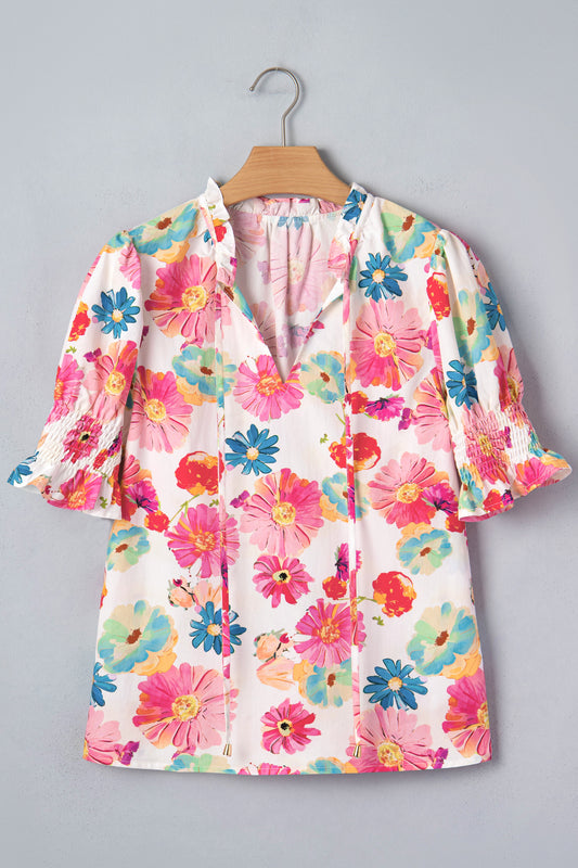 Beige Vibrant Summer Floral Tie V Neck Short Puff Sleeve Blouse-Tops/Blouses & Shirts-[Adult]-[Female]-2022 Online Blue Zone Planet