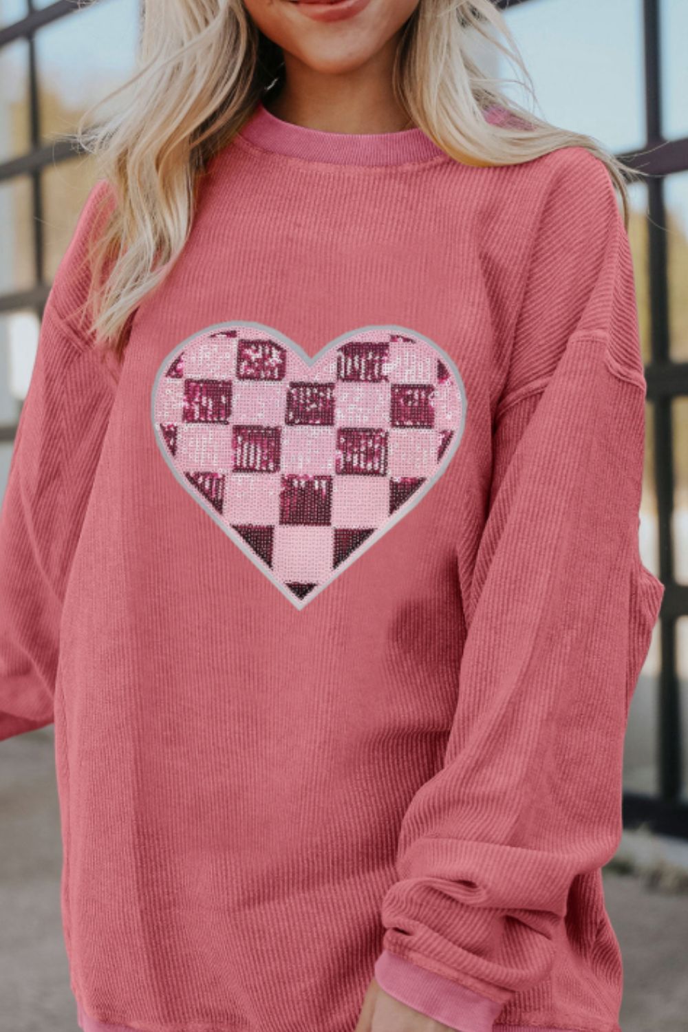 Valentine’s Day Sequin Checkered Heart Long Sleeve Sweatshirt-TOPS / DRESSES-[Adult]-[Female]-2022 Online Blue Zone Planet