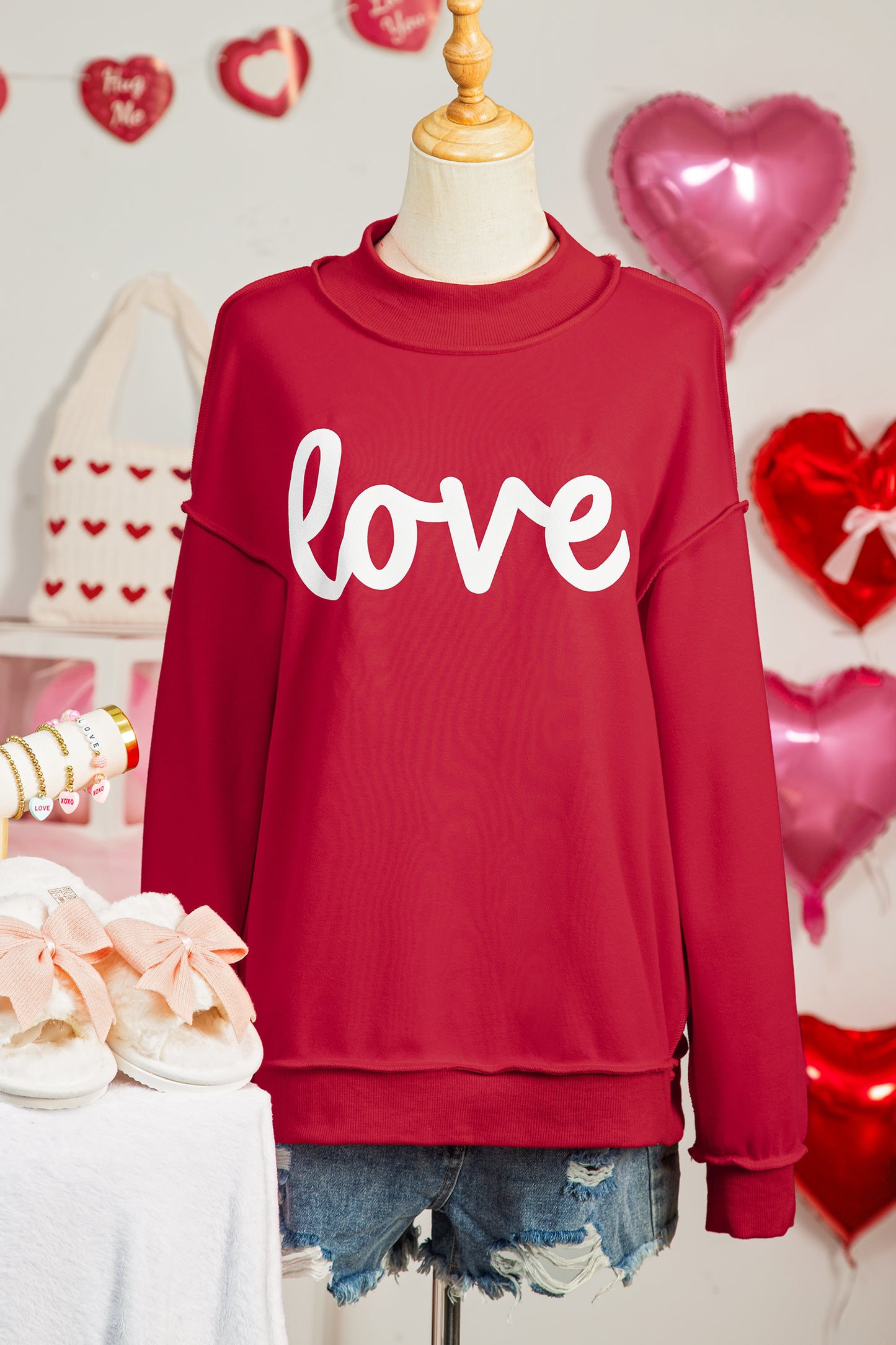 Racing Red Valentines Day Heart Love Script Reversible Printed Double Wear Mock Neck Sweatshirt-Graphic/Graphic Sweatshirts-[Adult]-[Female]-2022 Online Blue Zone Planet