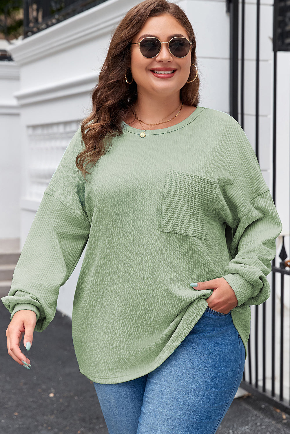 Clearly Aqua Plus Size Corded Knit Pocketed Crew Neck Top-Plus Size/Plus Size Tops/Plus Size Long Sleeve Tops-[Adult]-[Female]-2022 Online Blue Zone Planet