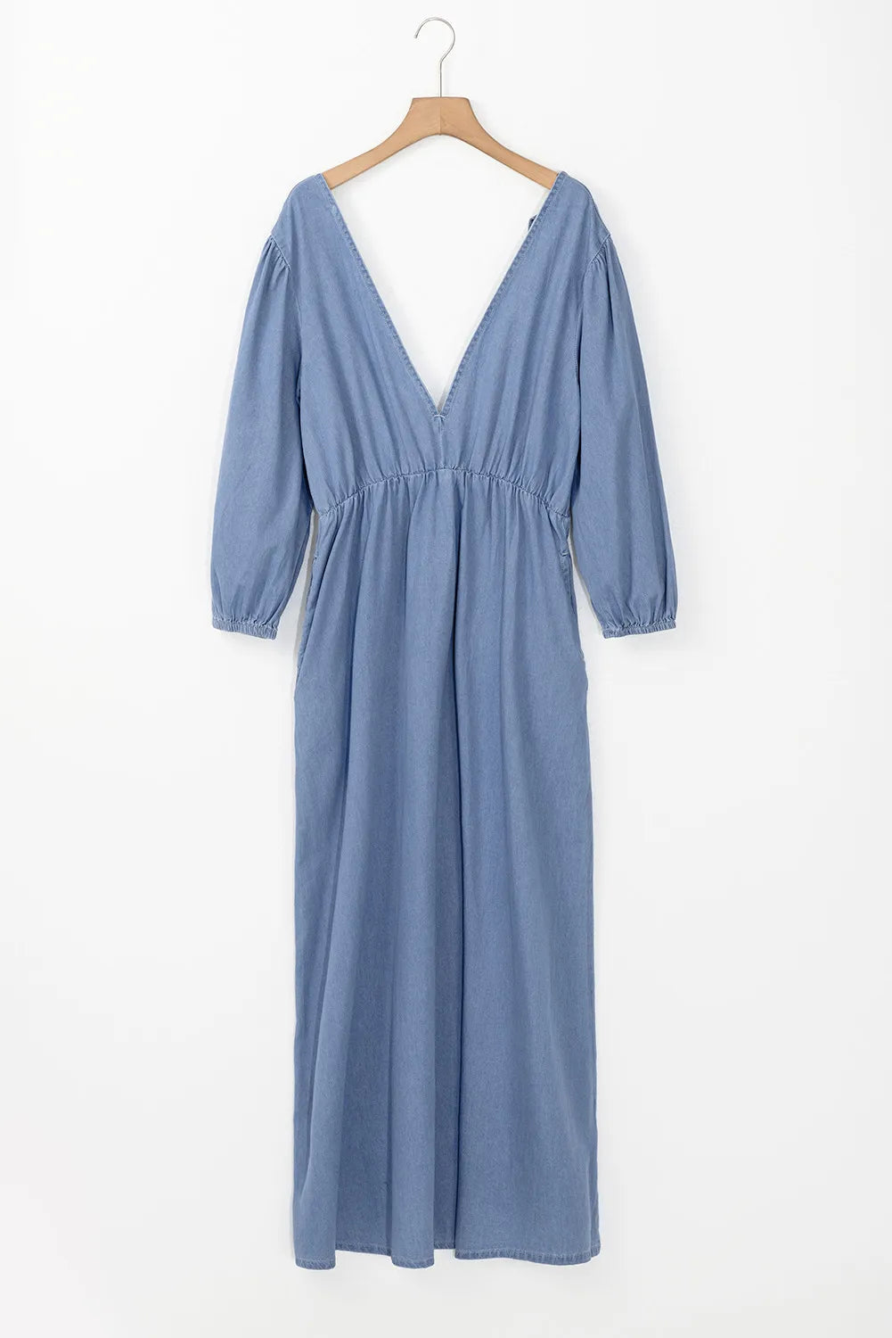 Tied Plunge Three-Quarter Sleeve Denim Dress-TOPS / DRESSES-[Adult]-[Female]-2022 Online Blue Zone Planet