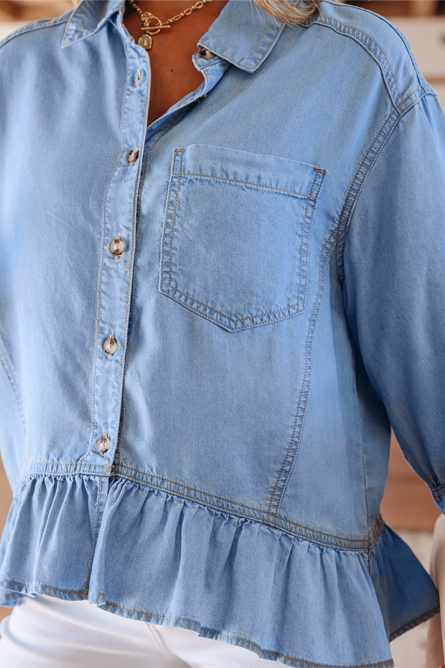 Beau Blue Half Sleeve Button Down Ruffled High Low Chambray Shirt-Tops/Blouses & Shirts-[Adult]-[Female]-2022 Online Blue Zone Planet