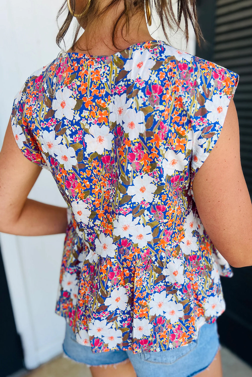Rose Green Floral Print Bow Applique Slit Sleeveless Peplum Blouse-Tops/Blouses & Shirts-[Adult]-[Female]-2022 Online Blue Zone Planet