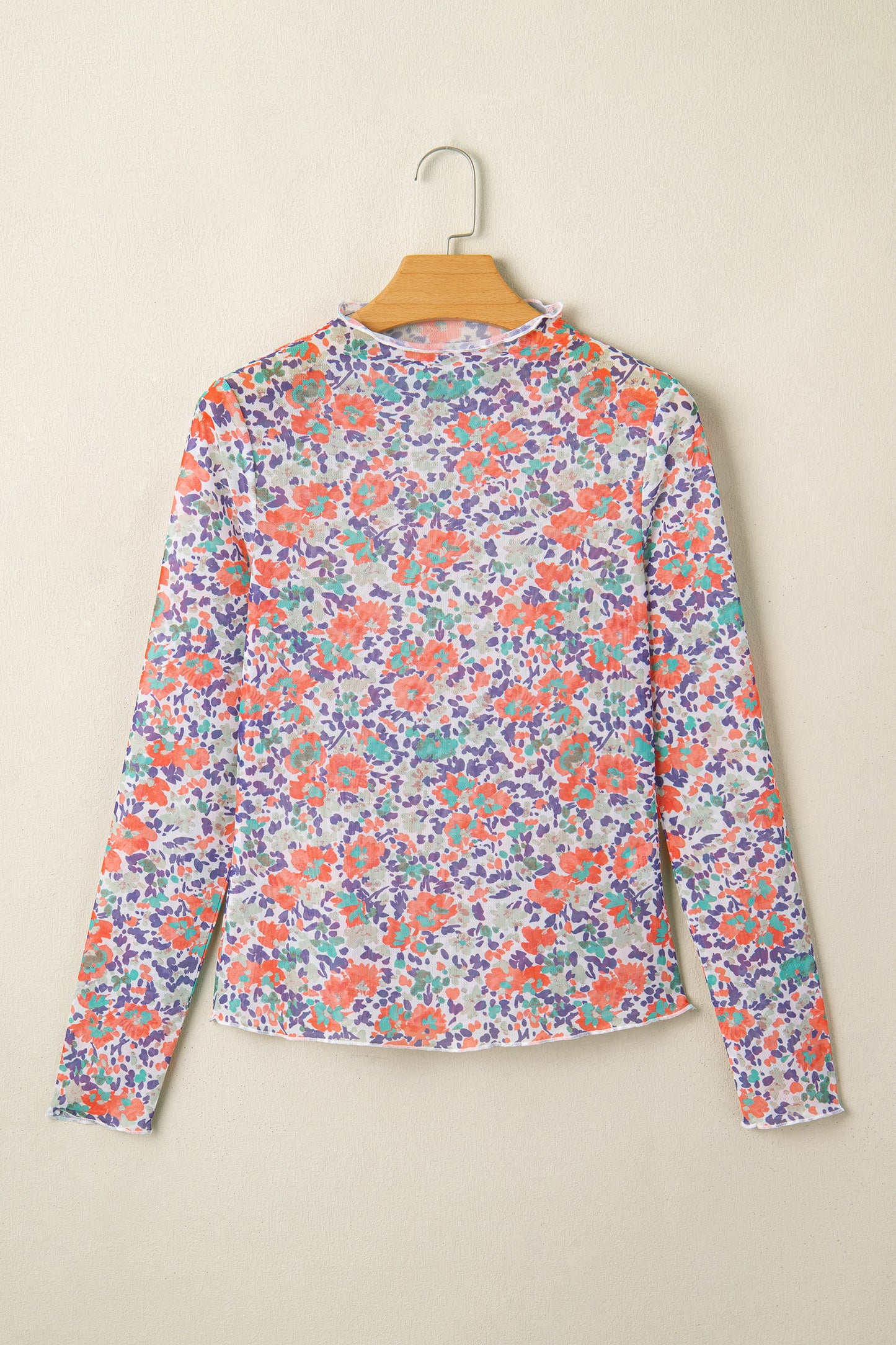 Blue Slim Fit Floral Mesh Long Sleeve Mock Neck Top
