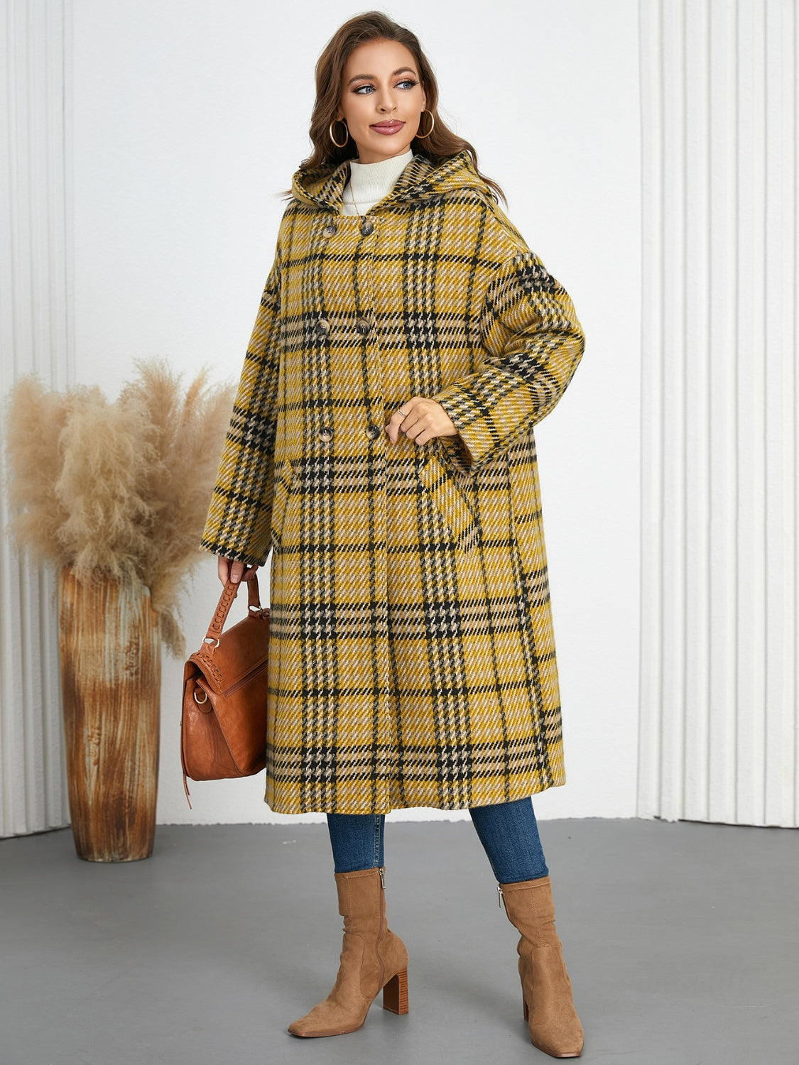 Blue Zone Planet | Plaid Double-Breasted Long Sleeve Longline Coat-TOPS / DRESSES-[Adult]-[Female]-2022 Online Blue Zone Planet