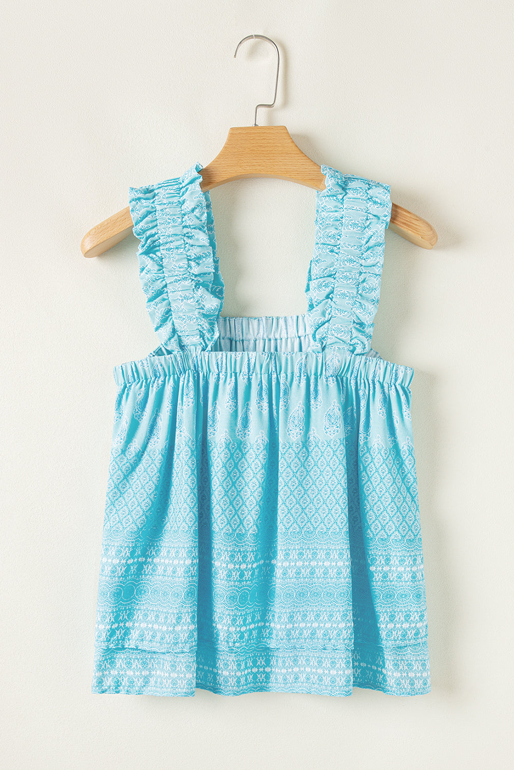 Sky Blue Floral Print Ruffled Wide Strap Loose Top-Sleeveless Shirts-[Adult]-[Female]-2022 Online Blue Zone Planet