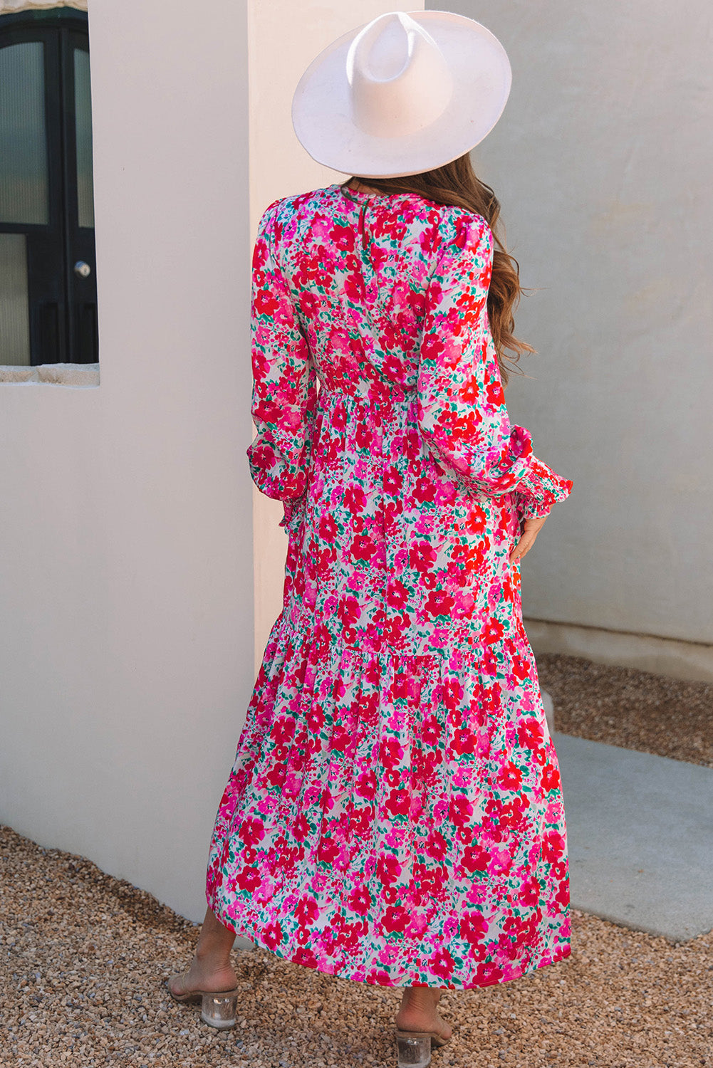 Blue Zone Planet | Sky Blue Floral Print Smocked Lantern Sleeve Tiered Maxi Dress-TOPS / DRESSES-[Adult]-[Female]-2022 Online Blue Zone Planet