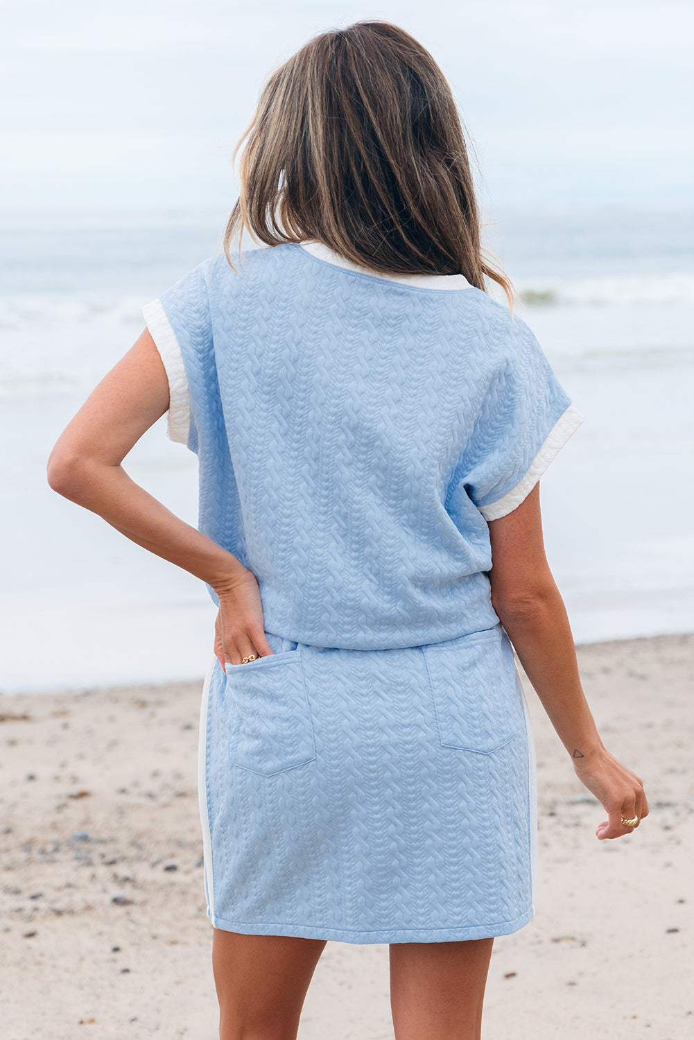 Beau Blue Contrast Trim Textured Crewneck Tee and Pocketed Skirt Set-Two Piece Sets/Two Piece Dresses-[Adult]-[Female]-2022 Online Blue Zone Planet