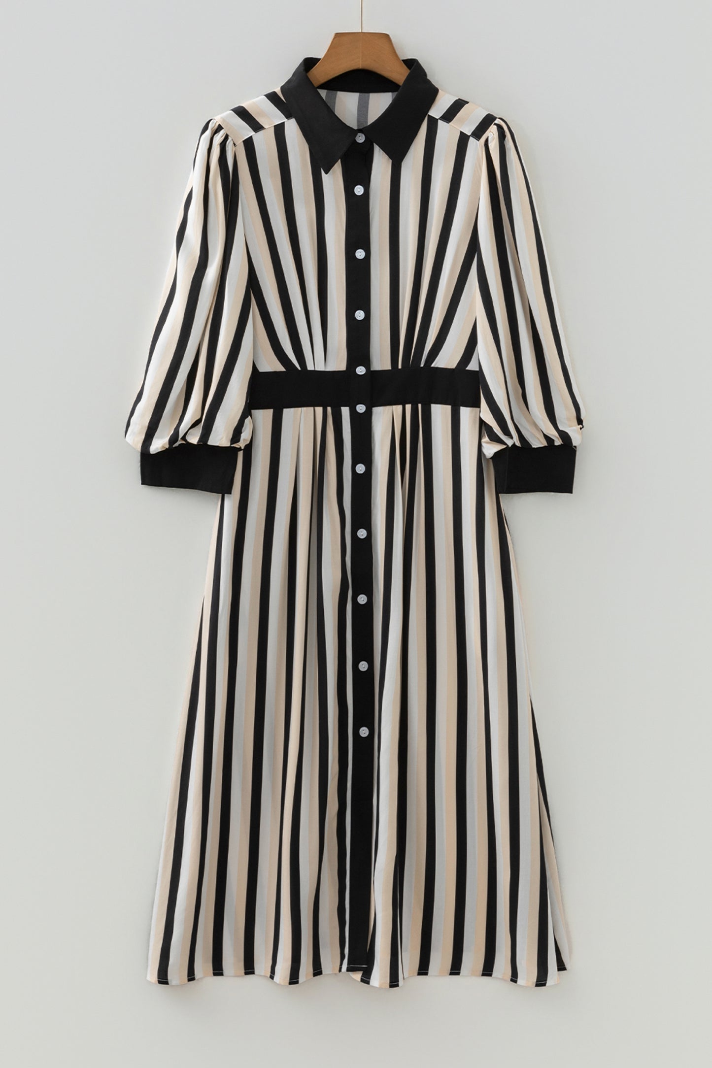 Black Stripe 3/4 Puff Sleeve Shirt Style Button Down Midi Dress-TOPS / DRESSES-[Adult]-[Female]-2022 Online Blue Zone Planet