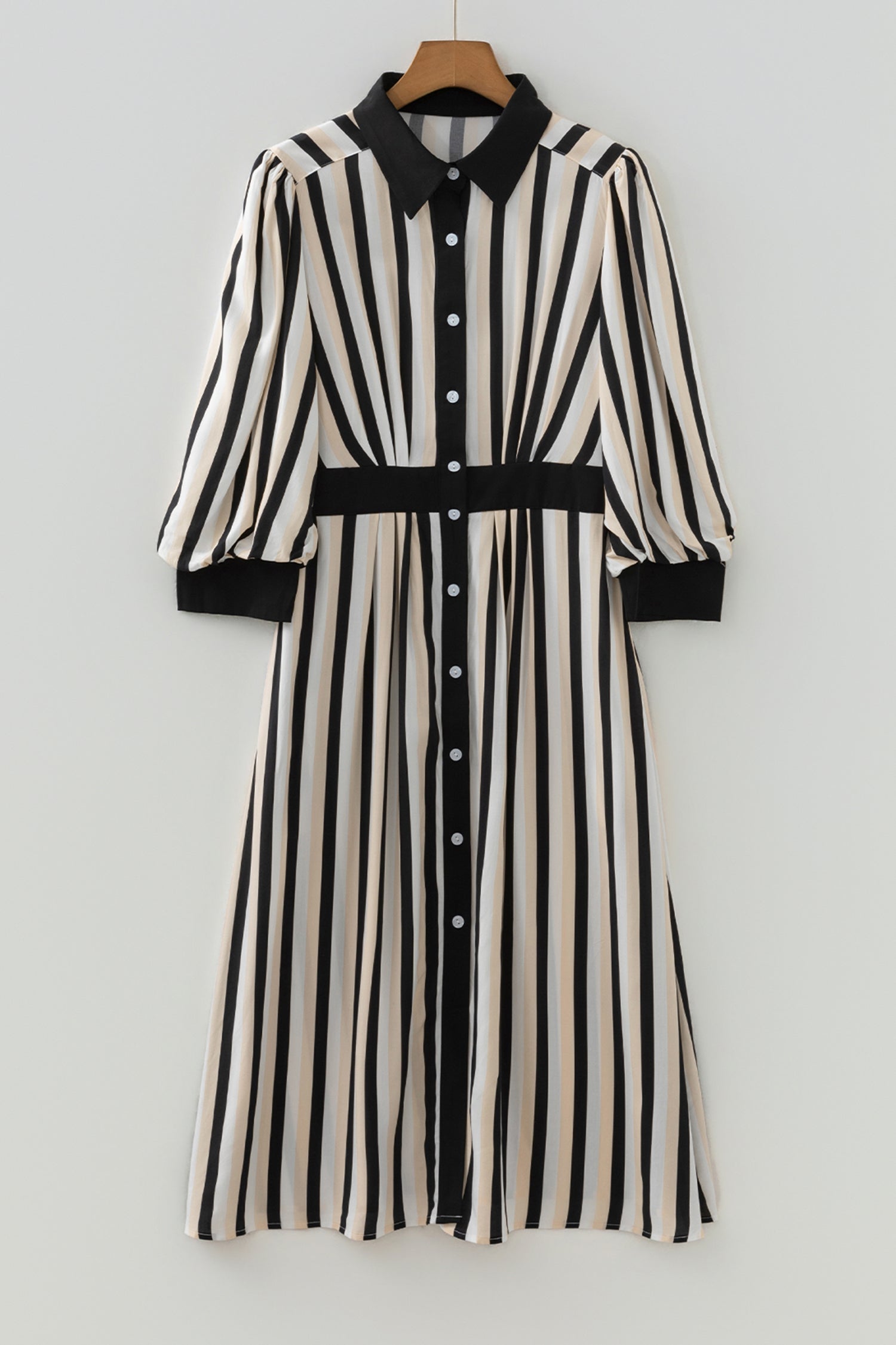 Black Stripe 3/4 Puff Sleeve Shirt Style Button Down Midi Dress-TOPS / DRESSES-[Adult]-[Female]-2022 Online Blue Zone Planet