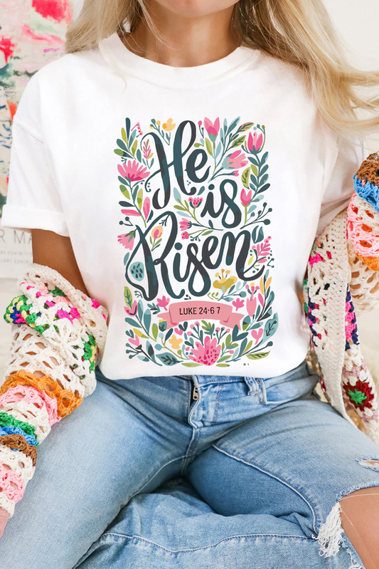 White He is Risen Floral Printed T Shirt-Graphic/Graphic Tees-[Adult]-[Female]-White-S-2022 Online Blue Zone Planet