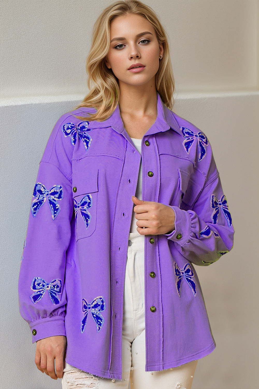 Double Take Full Size Sequin Bow Button Up Shacket-TOPS / DRESSES-[Adult]-[Female]-Purple-S-2022 Online Blue Zone Planet