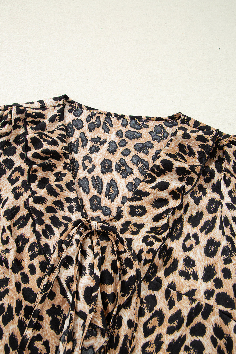 Khaki Leopard Ruffled Neck Cascading Puff Short Sleeve Top-Tops/Blouses & Shirts-[Adult]-[Female]-2022 Online Blue Zone Planet