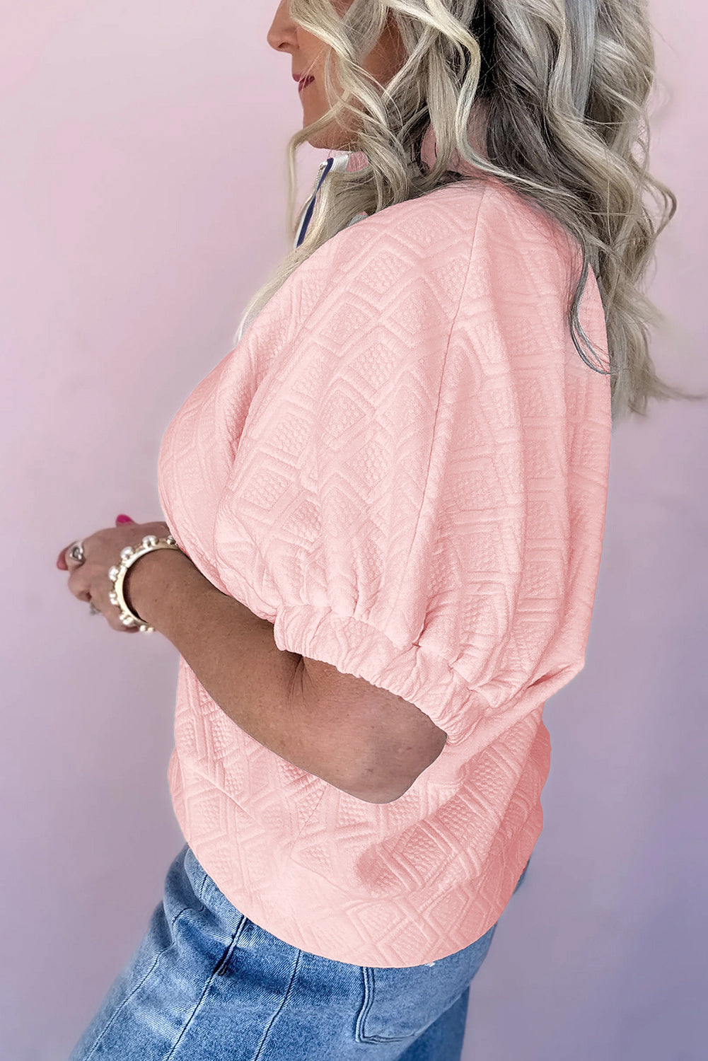 Light Pink Contrast Striped Collar Patchwork Textured Half Sleeve Blouse-Tops/Blouses & Shirts-[Adult]-[Female]-2022 Online Blue Zone Planet