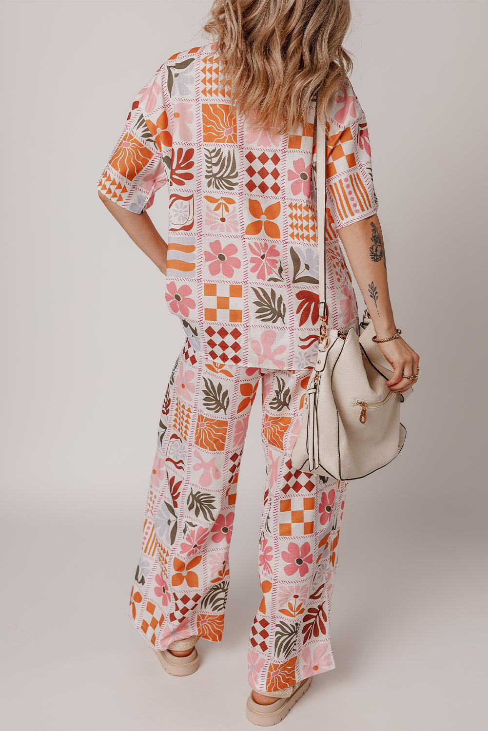 Orange Plant Checkered Print Collared Shirt and Wide Leg Pants Set-Two Piece Sets/Pant Sets-[Adult]-[Female]-2022 Online Blue Zone Planet