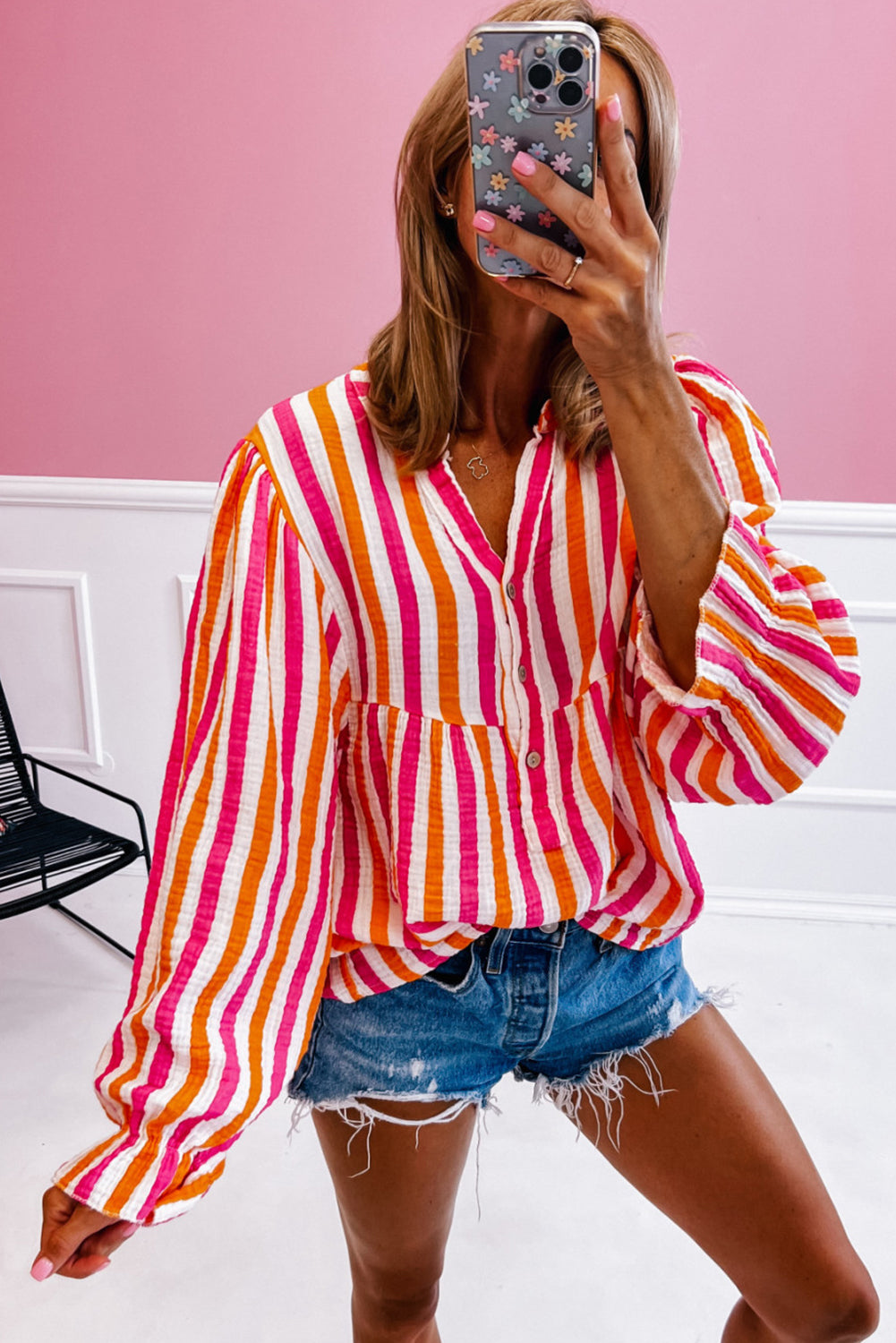 Blue Zone Planet | Orange Stripe Balloon Sleeve Notched V Neck Buttoned Front Blouse-Tops/Blouses & Shirts-[Adult]-[Female]-2022 Online Blue Zone Planet