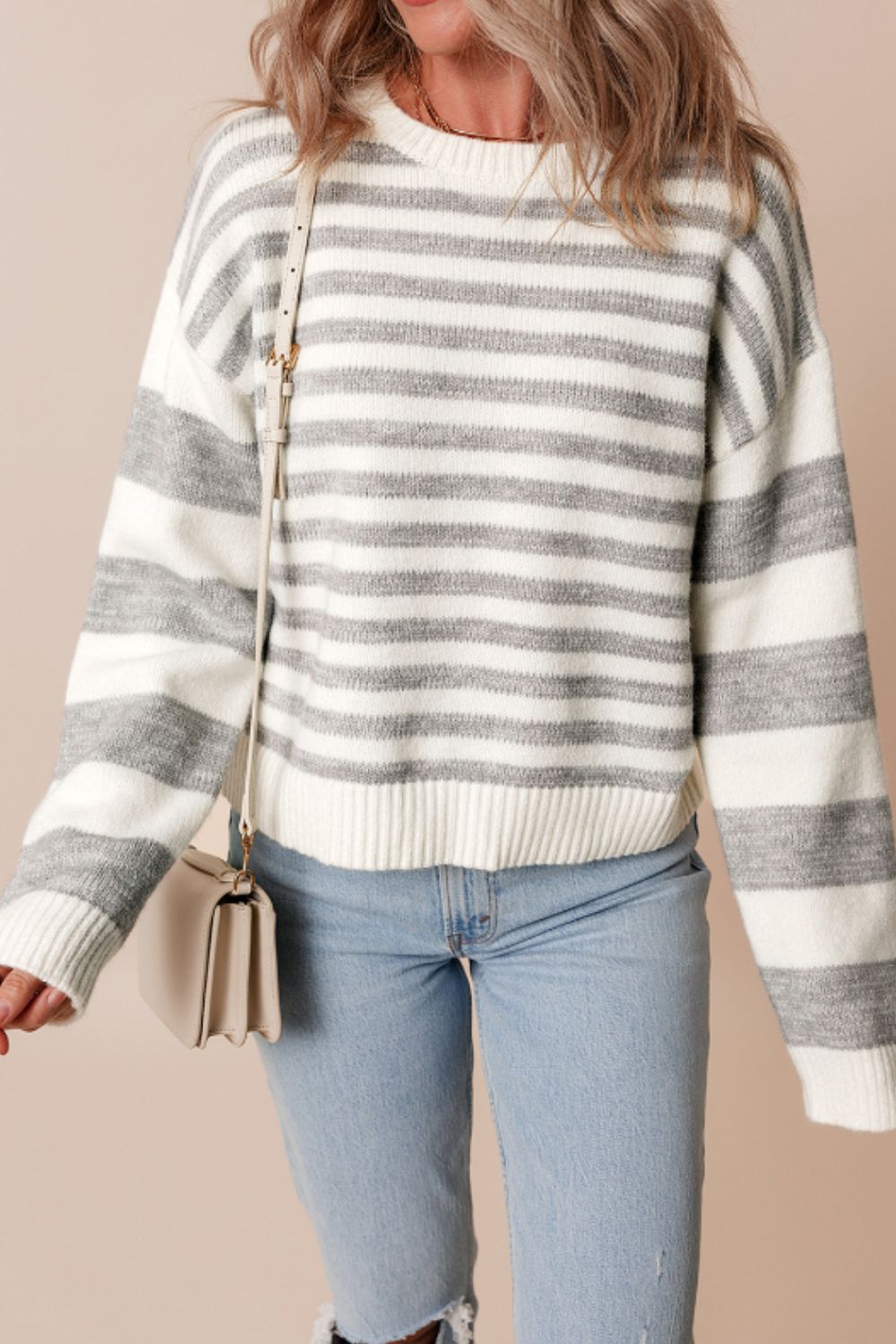 Striped Round Neck Dropped Shoulder Sweater-TOPS / DRESSES-[Adult]-[Female]-Gray Stripe-S-2022 Online Blue Zone Planet