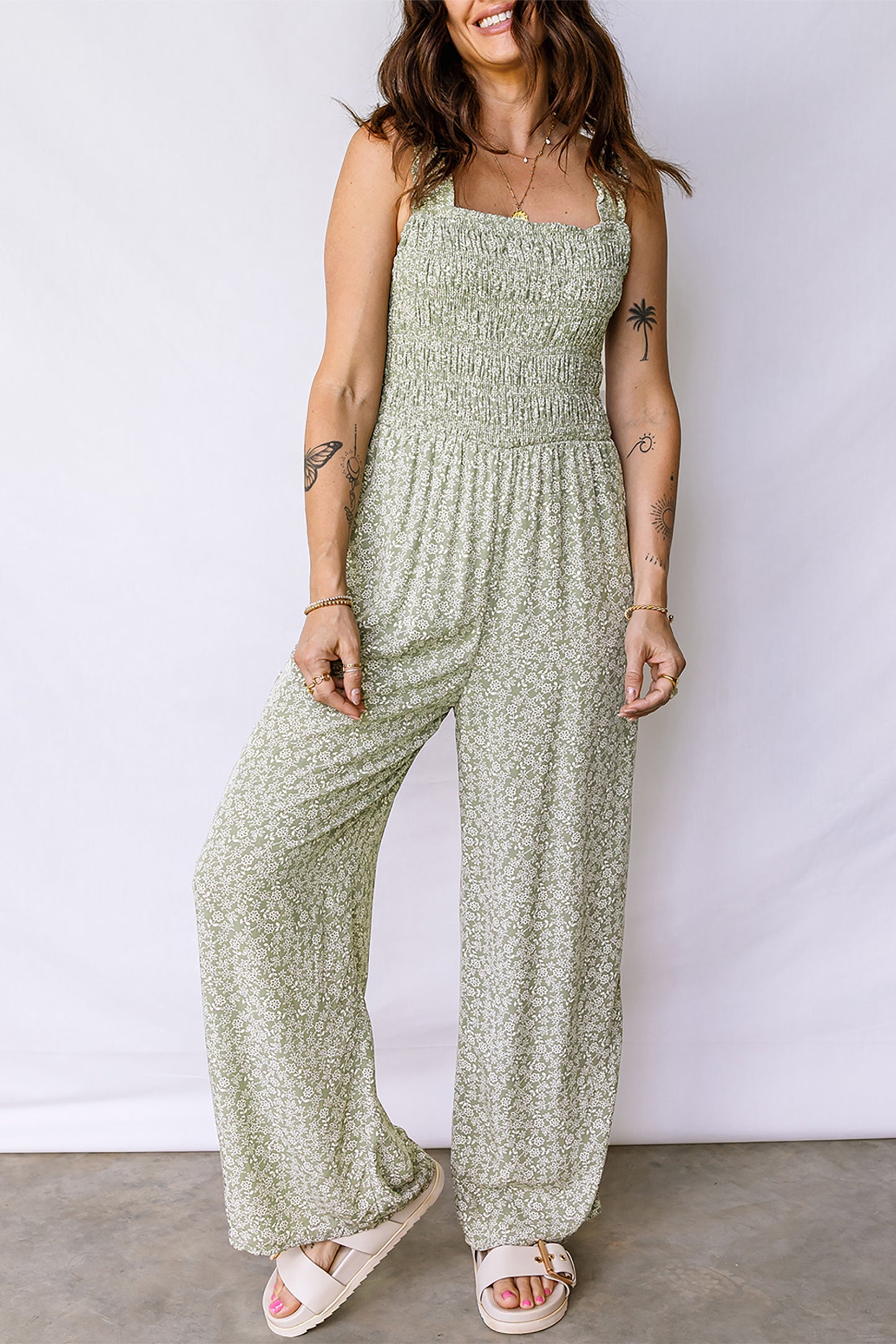 Green Smocked Bodice Square Neck Sleeveless Floral Jumpsuit-Bottoms/Jumpsuits & Rompers-[Adult]-[Female]-2022 Online Blue Zone Planet