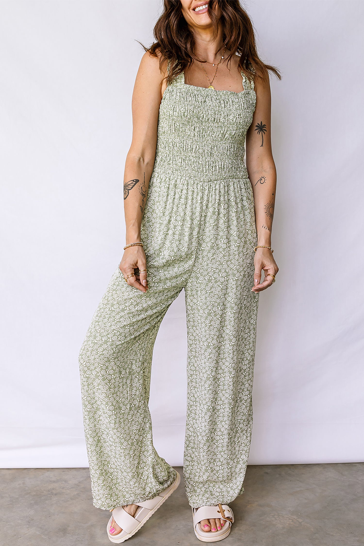 Green Smocked Bodice Square Neck Sleeveless Floral Jumpsuit-Bottoms/Jumpsuits & Rompers-[Adult]-[Female]-2022 Online Blue Zone Planet