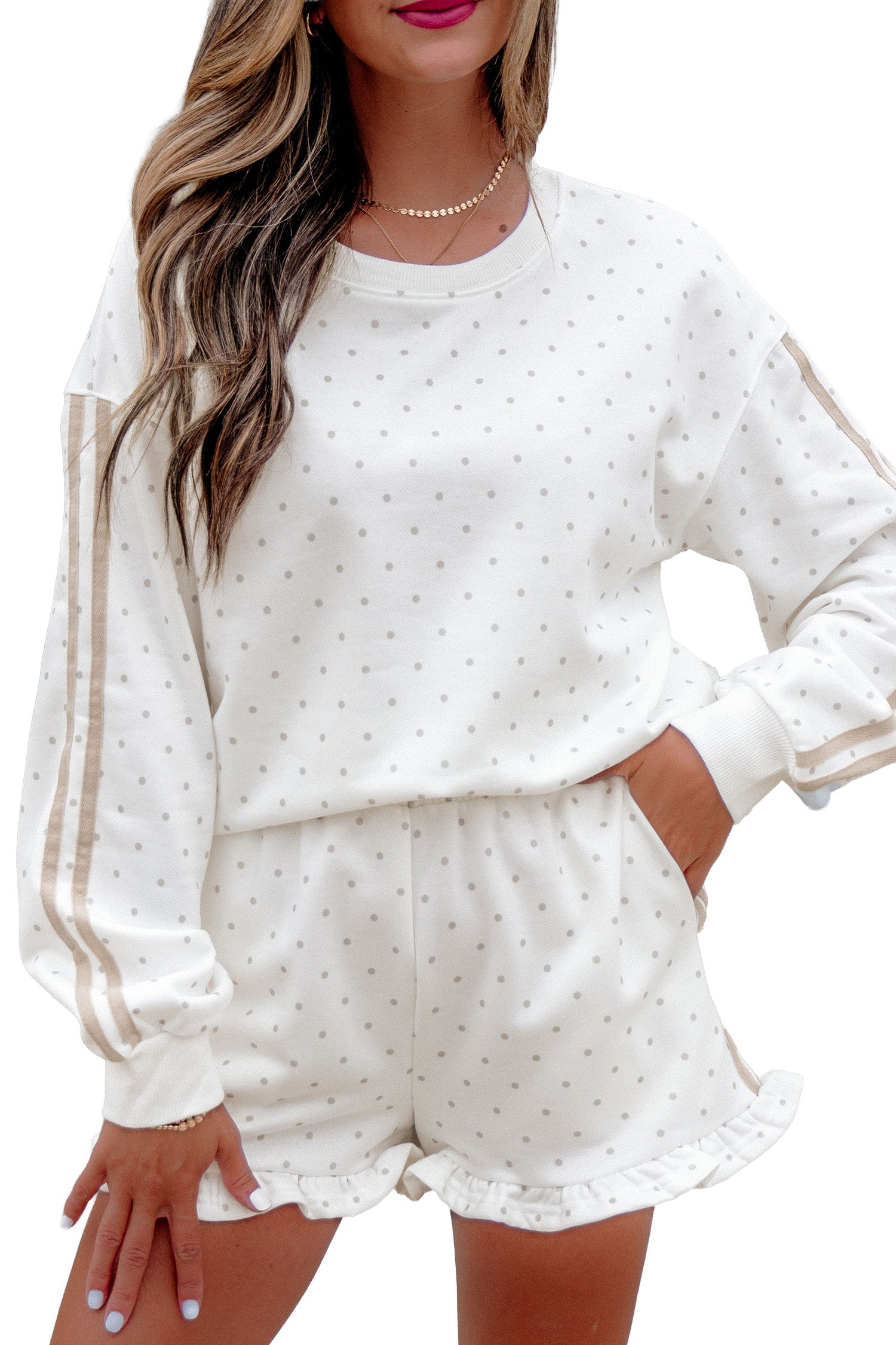 White Polka Dot Print Side Stripe Detail Casual Sweatshirt 2pcs Short Set-Two Piece Sets/Short Sets-[Adult]-[Female]-2022 Online Blue Zone Planet