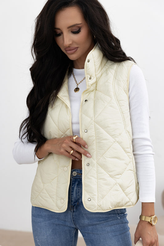 Blue Zone Planet | Beige Quilted High Neck Button Up Pocket Vest Coat-Outerwear/Vests-[Adult]-[Female]-Beige-S-2022 Online Blue Zone Planet