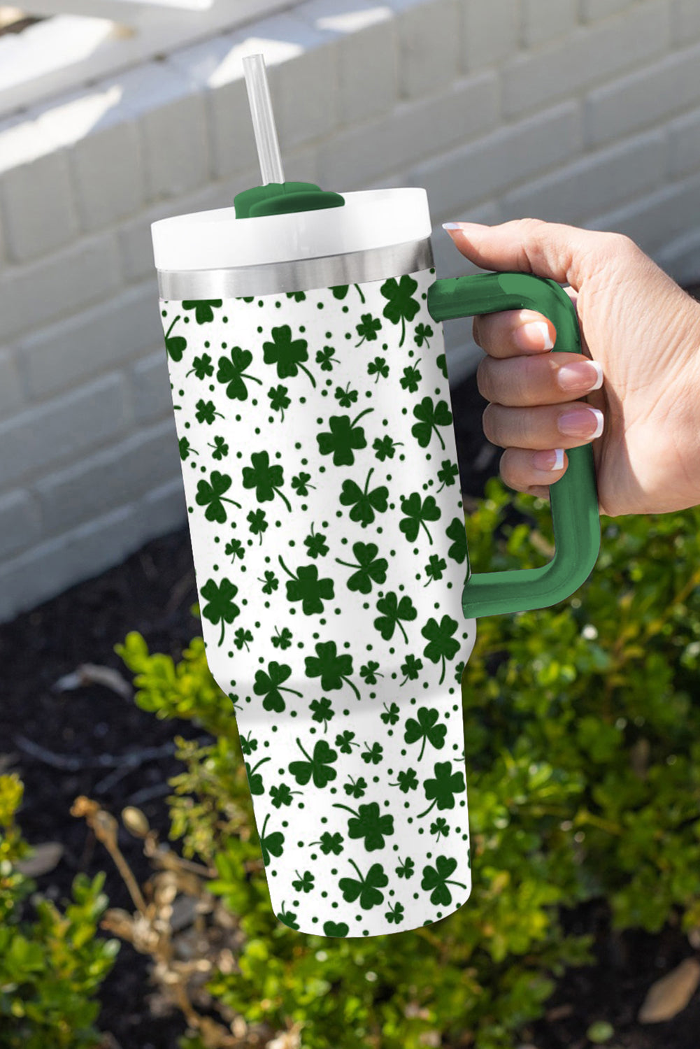 Dark Green Clover Print Thermos Cup with Handle 40oz-Accessories/Tumblers-[Adult]-[Female]-2022 Online Blue Zone Planet