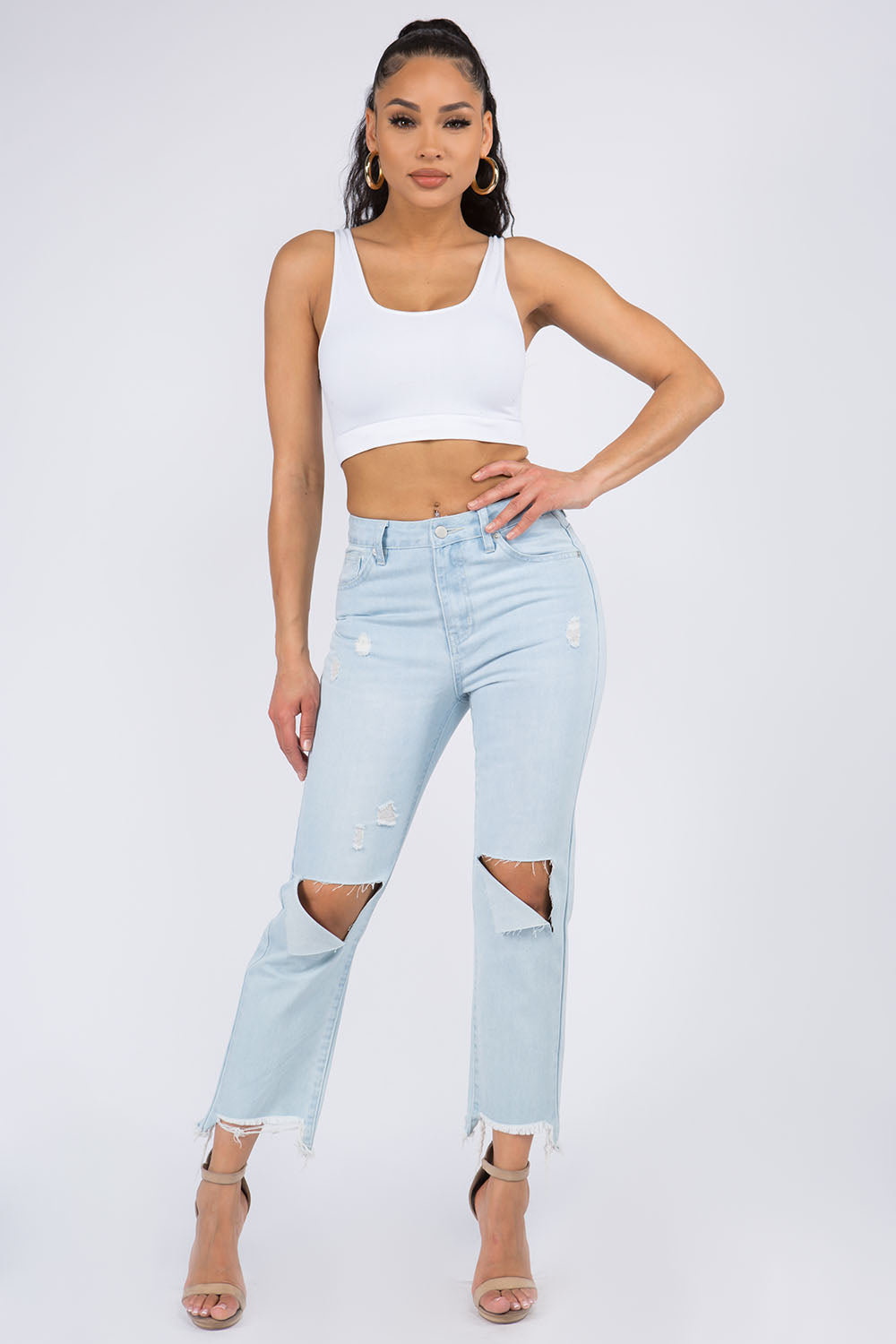 Blue Zone Planet | American Bazi High Waist Distressed Raw Hem Jeans-TOPS / DRESSES-[Adult]-[Female]-2022 Online Blue Zone Planet