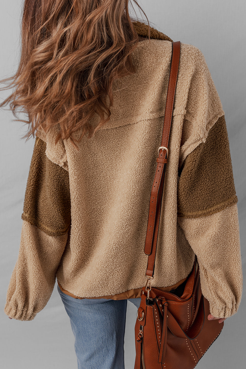 Straw Yellow 2-tone Color Block Patchwork Half Button Sherpa Sweatshirt-Tops/Sweatshirts & Hoodies-[Adult]-[Female]-2022 Online Blue Zone Planet