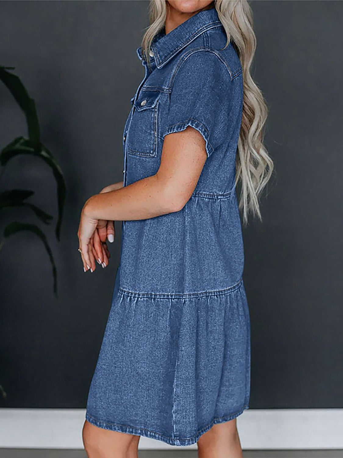 Pocketed Button Up Collared Neck Short Sleeve Denim Dress-TOPS / DRESSES-[Adult]-[Female]-2022 Online Blue Zone Planet