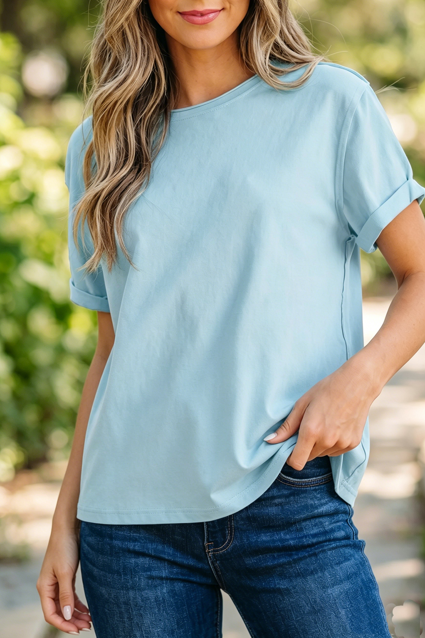 Myosotis Solid Color Round Neck Casual T Shirt-Tops/Tops & Tees-[Adult]-[Female]-2022 Online Blue Zone Planet