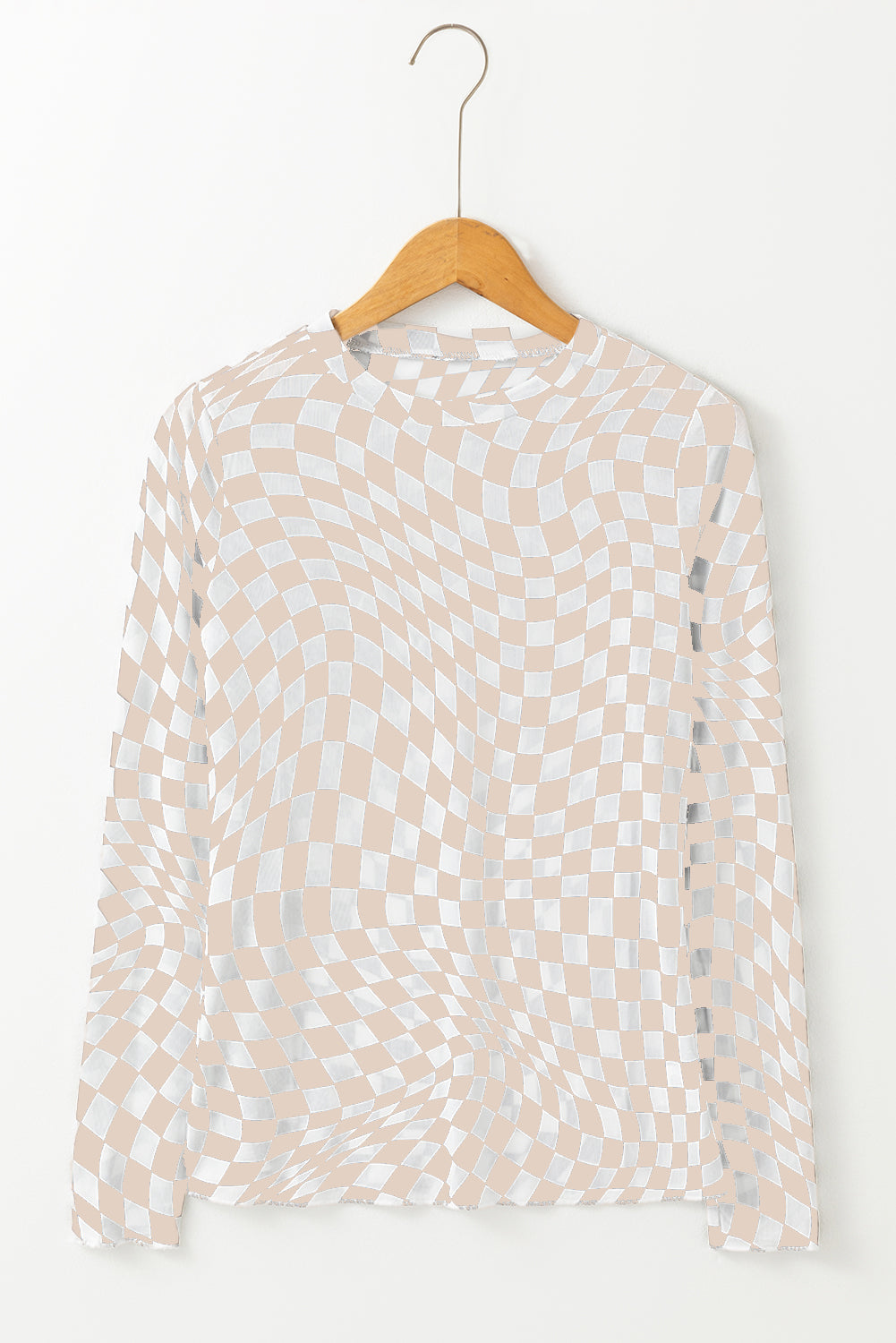 Blue Zone Planet | Rose Checkered Pattern Mesh Mock Neck Long Sleeve Top-Tops/Long Sleeve Tops-[Adult]-[Female]-2022 Online Blue Zone Planet