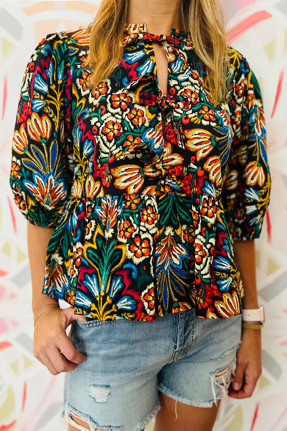 Black Tropical Print Bubble Sleeve Knot Front Blouse-Tops/Blouses & Shirts-[Adult]-[Female]-Black-S-2022 Online Blue Zone Planet