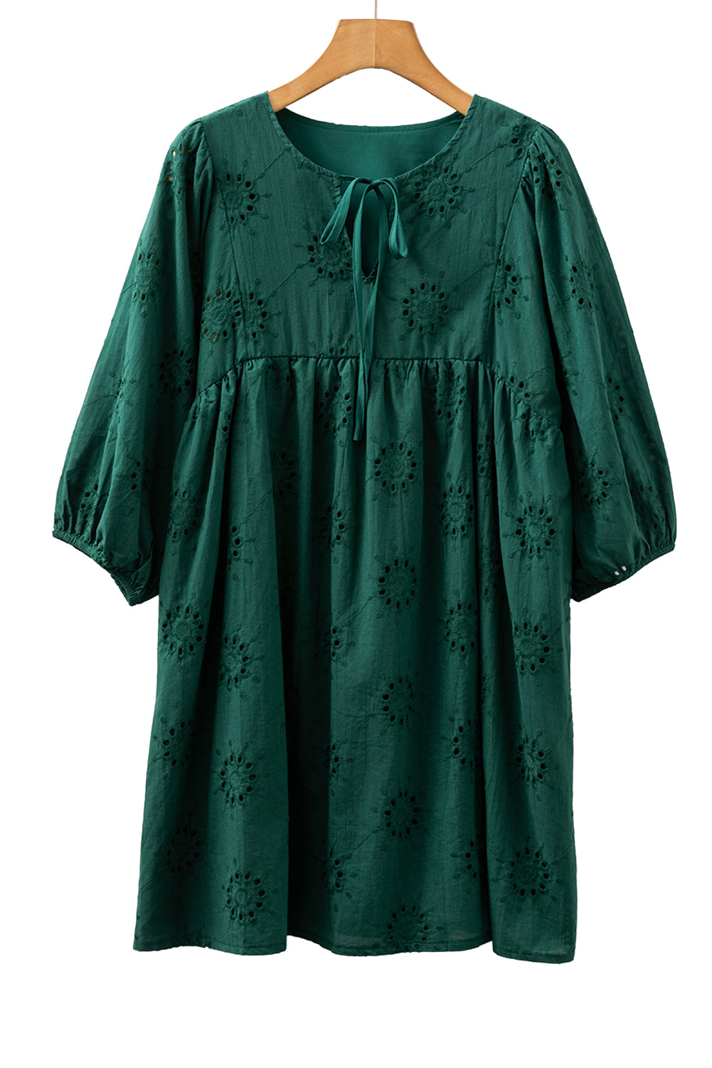 Blackish Green Embroidered Eyelet Pattern 3/4 Puffy Sleeve Swing Mini Dress-Dresses/Mini Dresses-[Adult]-[Female]-2022 Online Blue Zone Planet