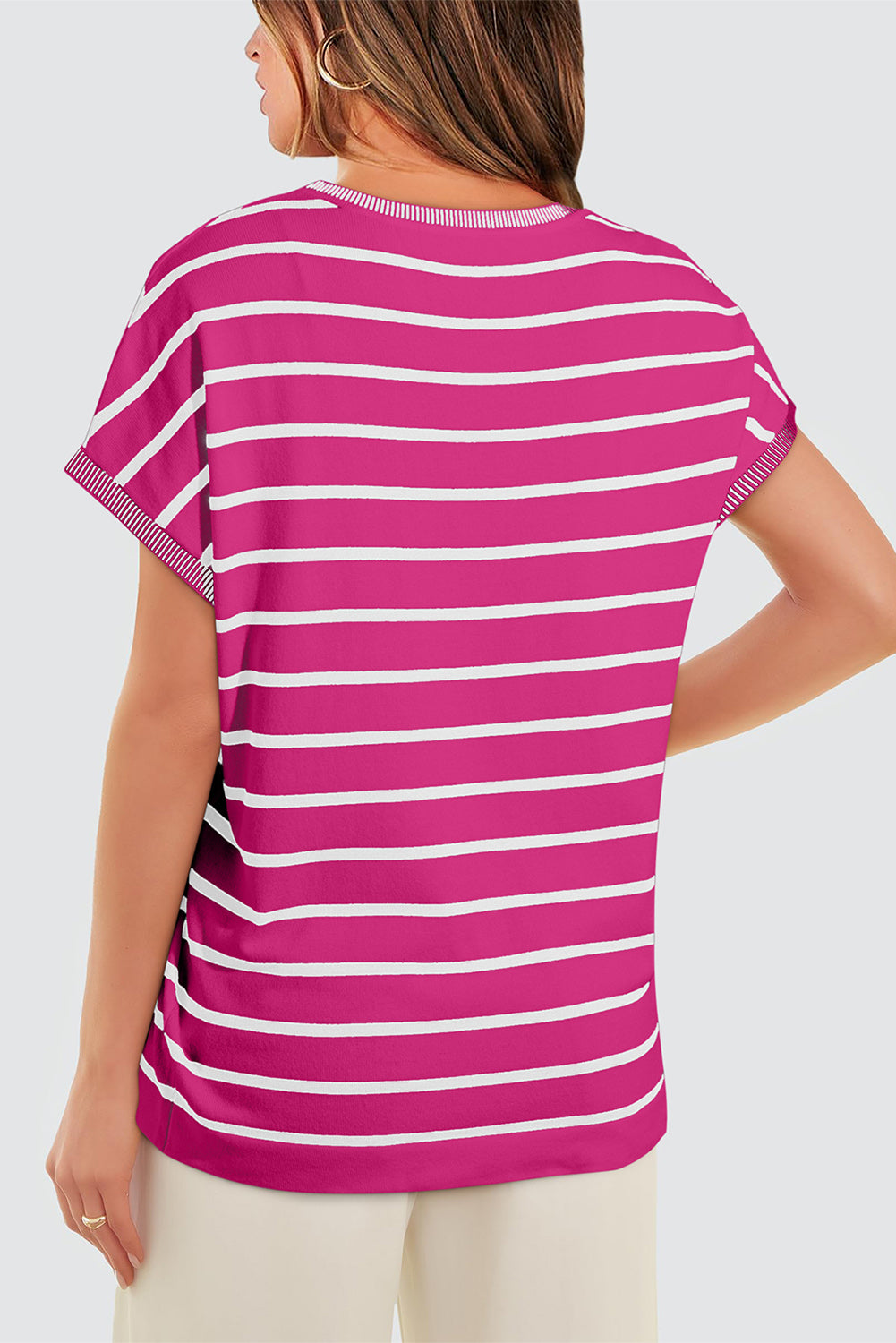 White Stripe Knitted Bat Sleeve T Shirt-Sweaters & Cardigans/Short Sleeve Sweaters-[Adult]-[Female]-2022 Online Blue Zone Planet