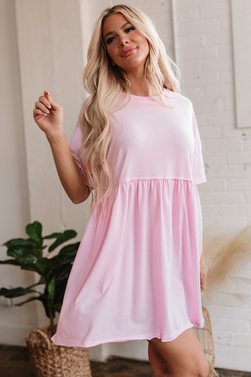 Light Pink Solid Color Pocketed Raw Edge Babydoll Dress-TOPS / DRESSES-[Adult]-[Female]-2022 Online Blue Zone Planet