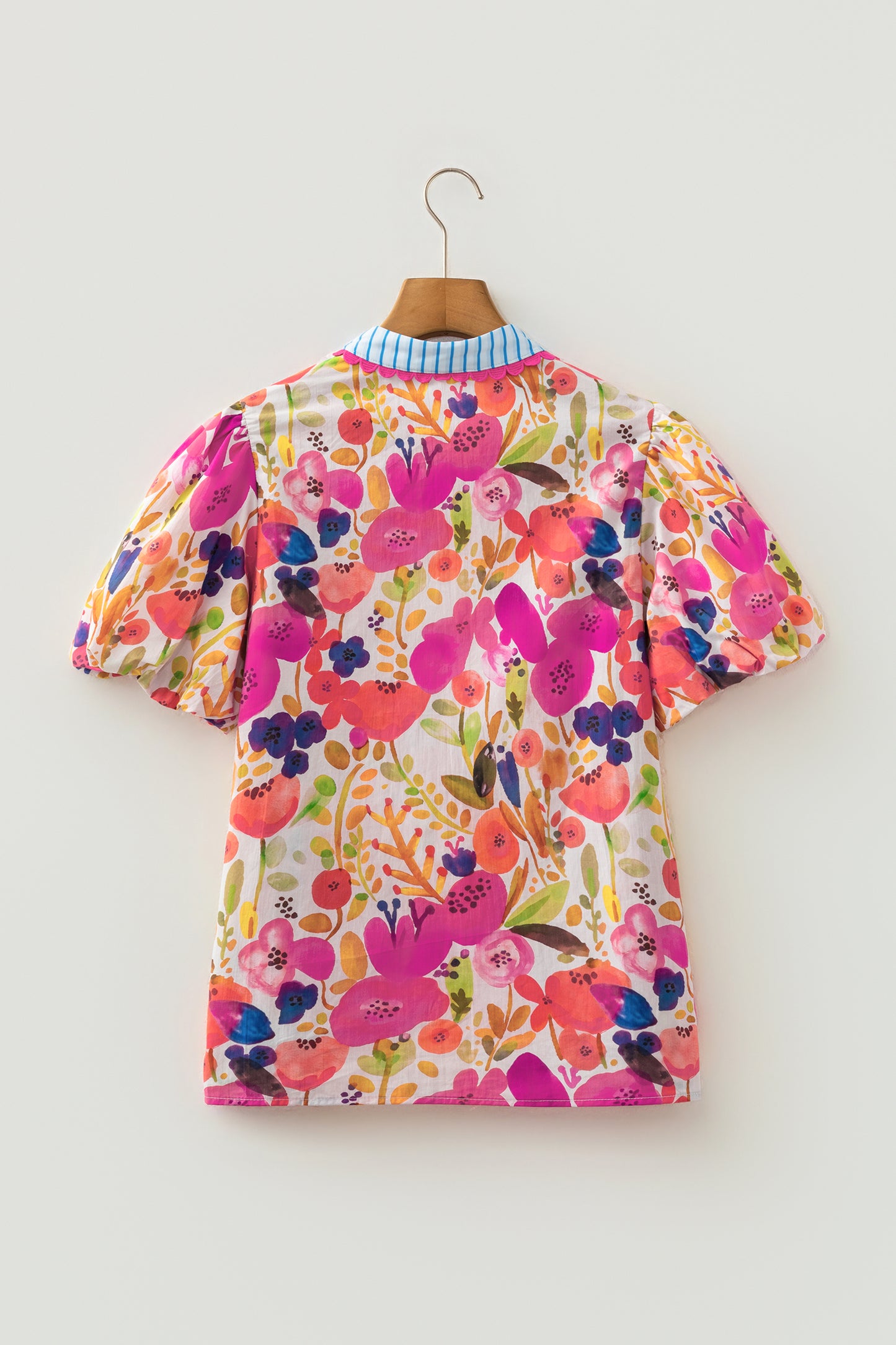 Rose Floral Print V Neck Short Puff Sleeve Cotton Blouse-Tops/Blouses & Shirts-[Adult]-[Female]-2022 Online Blue Zone Planet