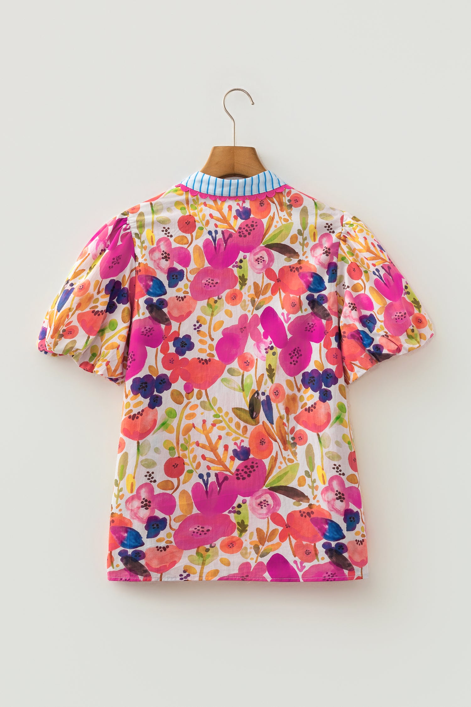 Rose Floral Print V Neck Short Puff Sleeve Cotton Blouse-Tops/Blouses & Shirts-[Adult]-[Female]-2022 Online Blue Zone Planet