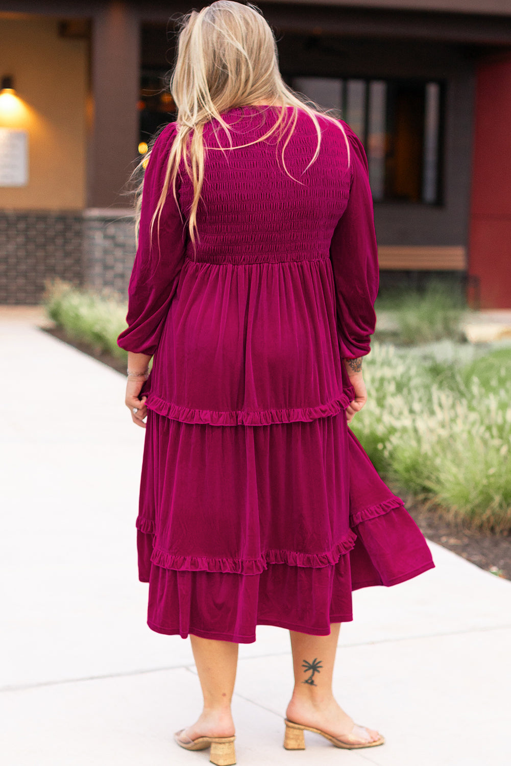 Blue Zone Planet | Rose Red Shirred V Neck Tiered Ruffled Velvet Plus Size Maxi Dress-TOPS / DRESSES-[Adult]-[Female]-2022 Online Blue Zone Planet