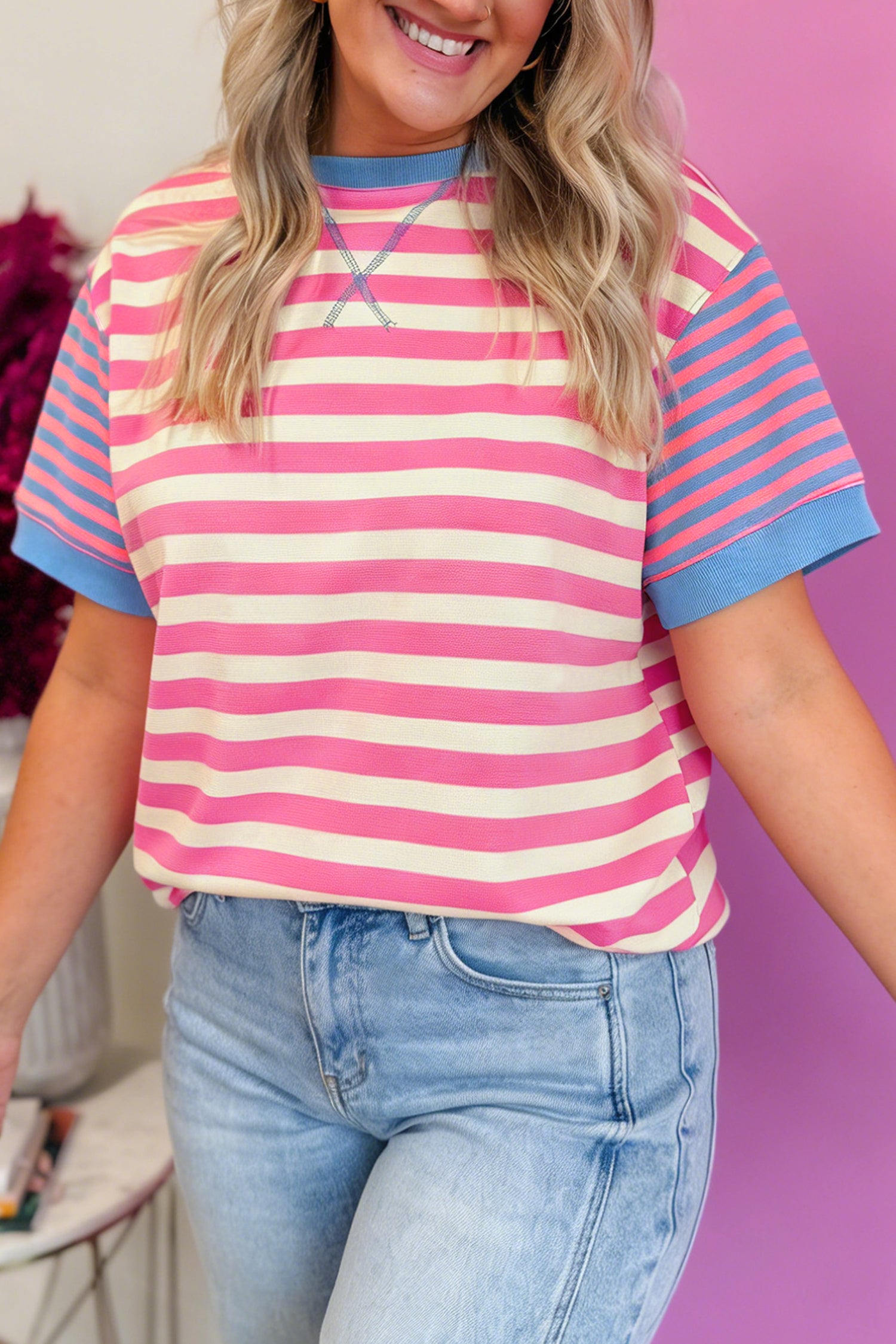Pink Stripe Contrast Patchwork Short Sleeve Loose Tee-Tops/Tops & Tees-[Adult]-[Female]-2022 Online Blue Zone Planet