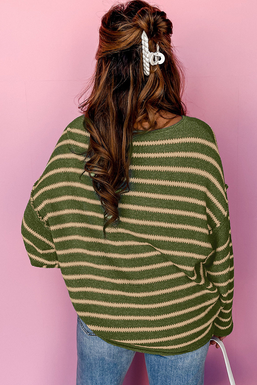 Blue Zone Planet | Green Stripe Casual Stripe Round Neck Drop Shoulder Sweater-Sweaters-[Adult]-[Female]-2022 Online Blue Zone Planet