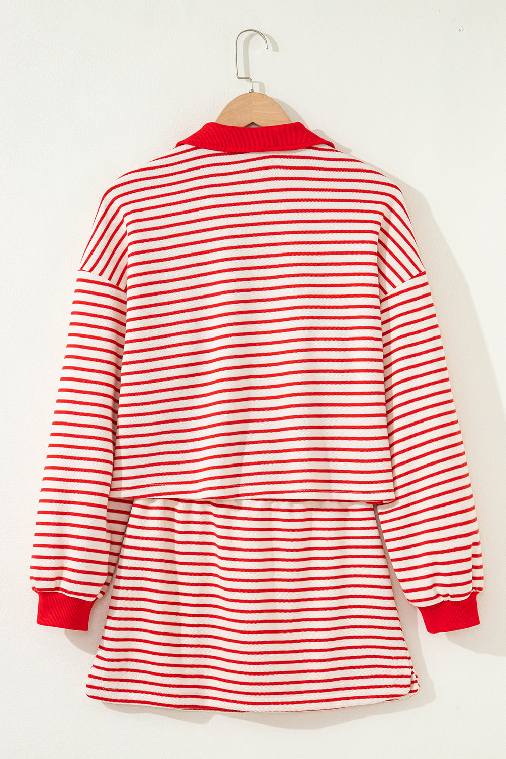 Red Stripe Collared V Neck Drop Shoulder Pullover And Skort 2pcs Outfit-Two Piece Sets/Two Piece Dresses-[Adult]-[Female]-2022 Online Blue Zone Planet