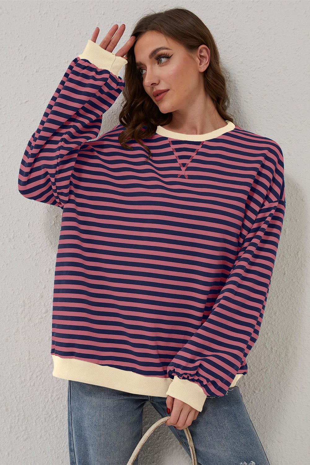 Sky Blue Stripe Oversized Contrast Trim Pullover Sweatshirt-Tops/Sweatshirts & Hoodies-[Adult]-[Female]-2022 Online Blue Zone Planet