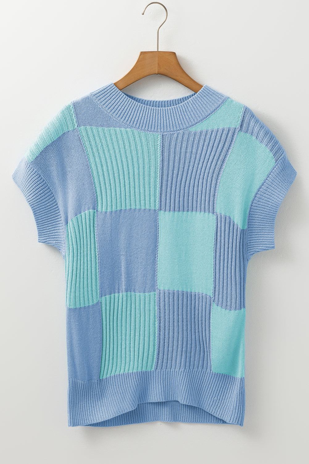 Blue Zone Planet | Light Blue Checkered Color Block Crew Neck Short Sleeve Sweater-Sweaters & Cardigans/Short Sleeve Sweaters-[Adult]-[Female]-2022 Online Blue Zone Planet