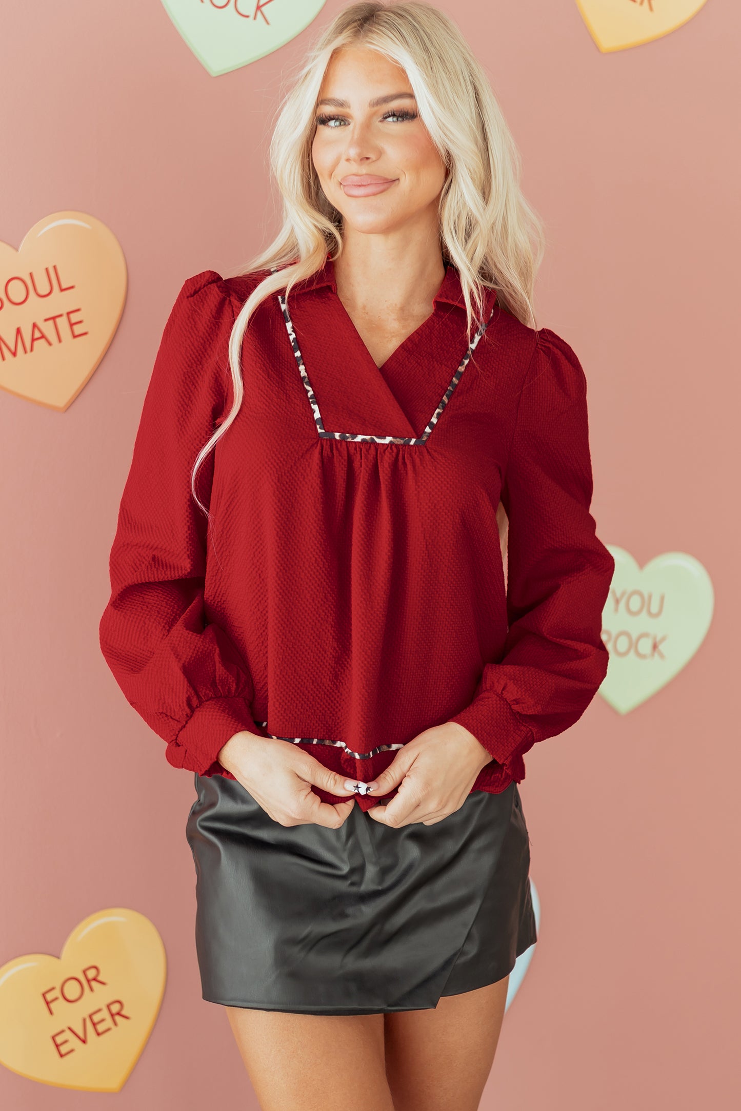 Fiery Red Collar V Neck Leopard Contrasted Trim Textured Blouse-Tops/Blouses & Shirts-[Adult]-[Female]-2022 Online Blue Zone Planet