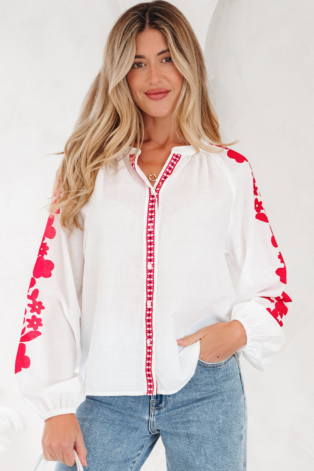 White Floral Embroidered Puff Long Sleeve Casual Shirt-Tops/Blouses & Shirts-[Adult]-[Female]-2022 Online Blue Zone Planet