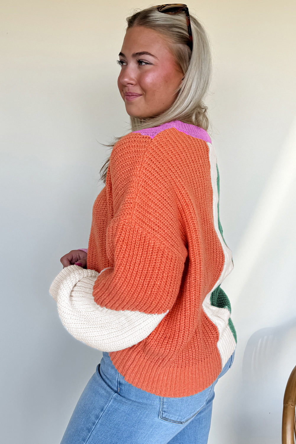 Desert Gold Color Block Textured Knit Drop Shoulder Loose Fit Sweater-Sweaters & Cardigans/Sweaters-[Adult]-[Female]-2022 Online Blue Zone Planet