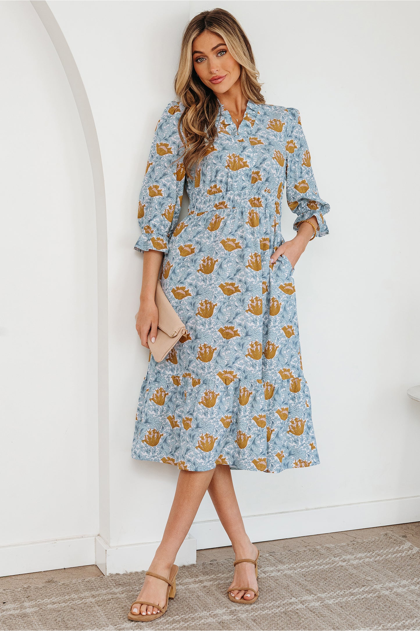 Brown Floral Printed Frilled V Neck Bracelet Sleeve Long Dress-Bracelet-[Adult]-[Female]-2022 Online Blue Zone Planet