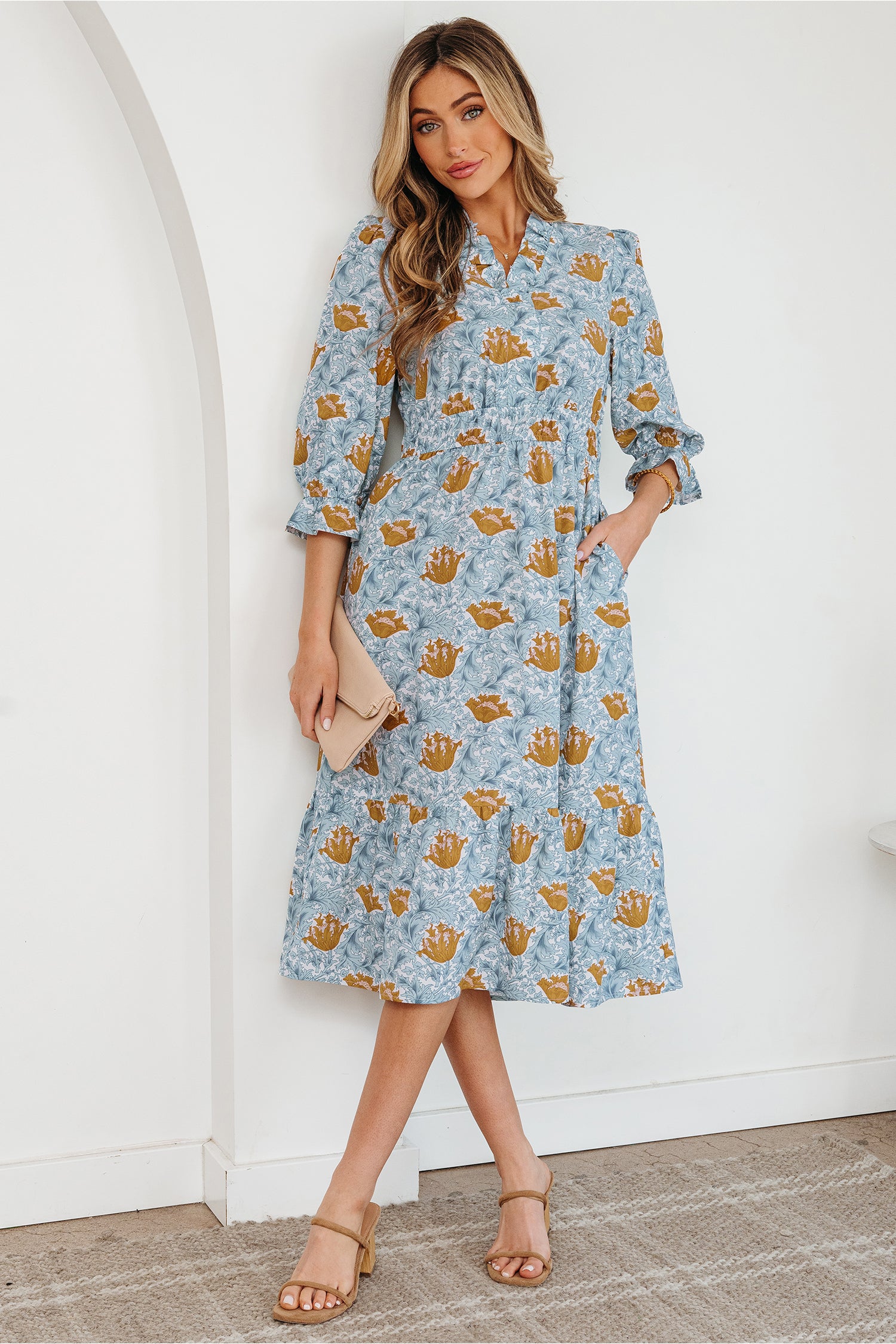 Brown Floral Printed Frilled V Neck Bracelet Sleeve Long Dress-Bracelet-[Adult]-[Female]-2022 Online Blue Zone Planet