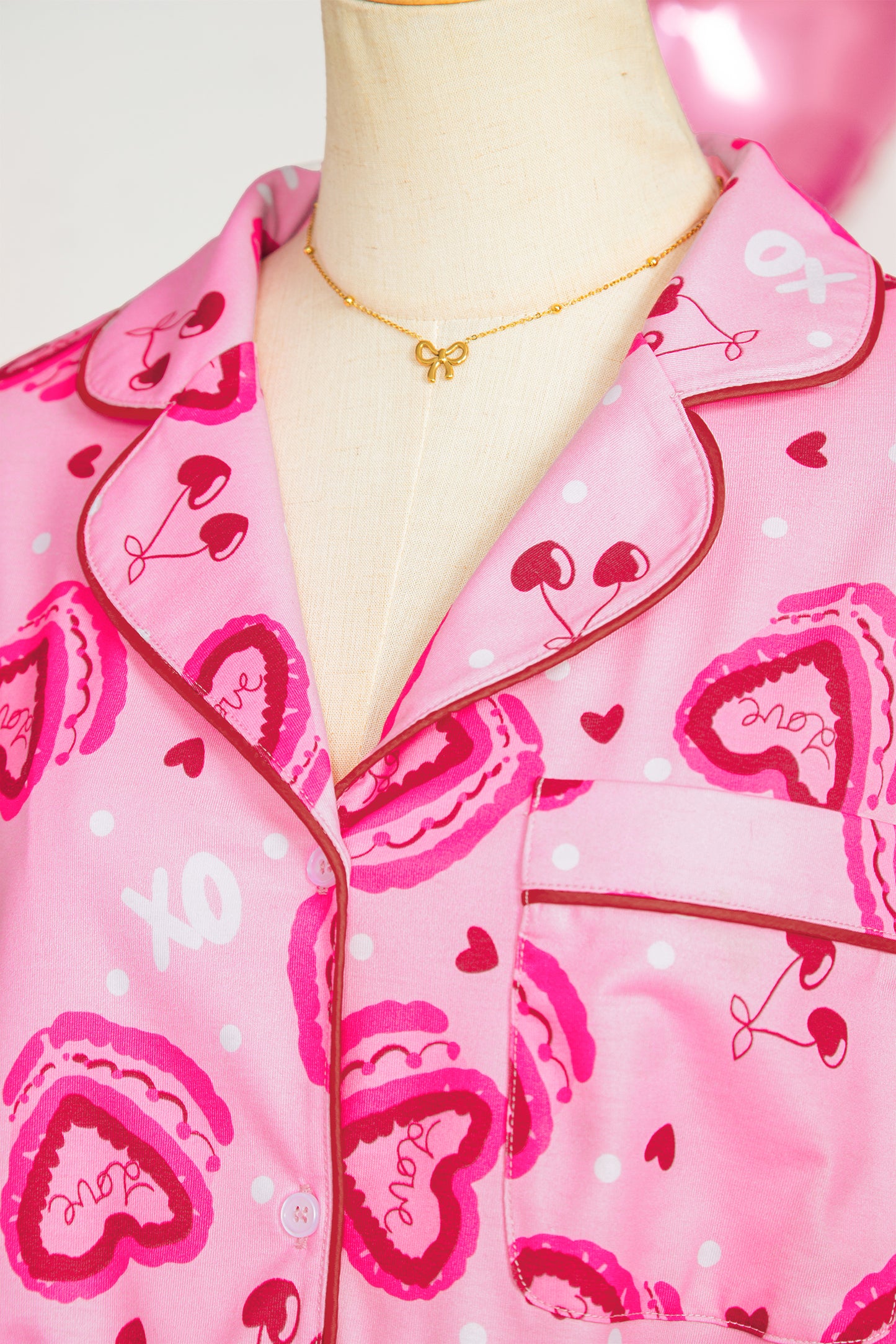 Pink Sweet Heart Cake Print Contrast Ruffle Trim Valentines 2pcs Pajama Set-Loungewear & Sleepwear/Sleepwear-[Adult]-[Female]-2022 Online Blue Zone Planet