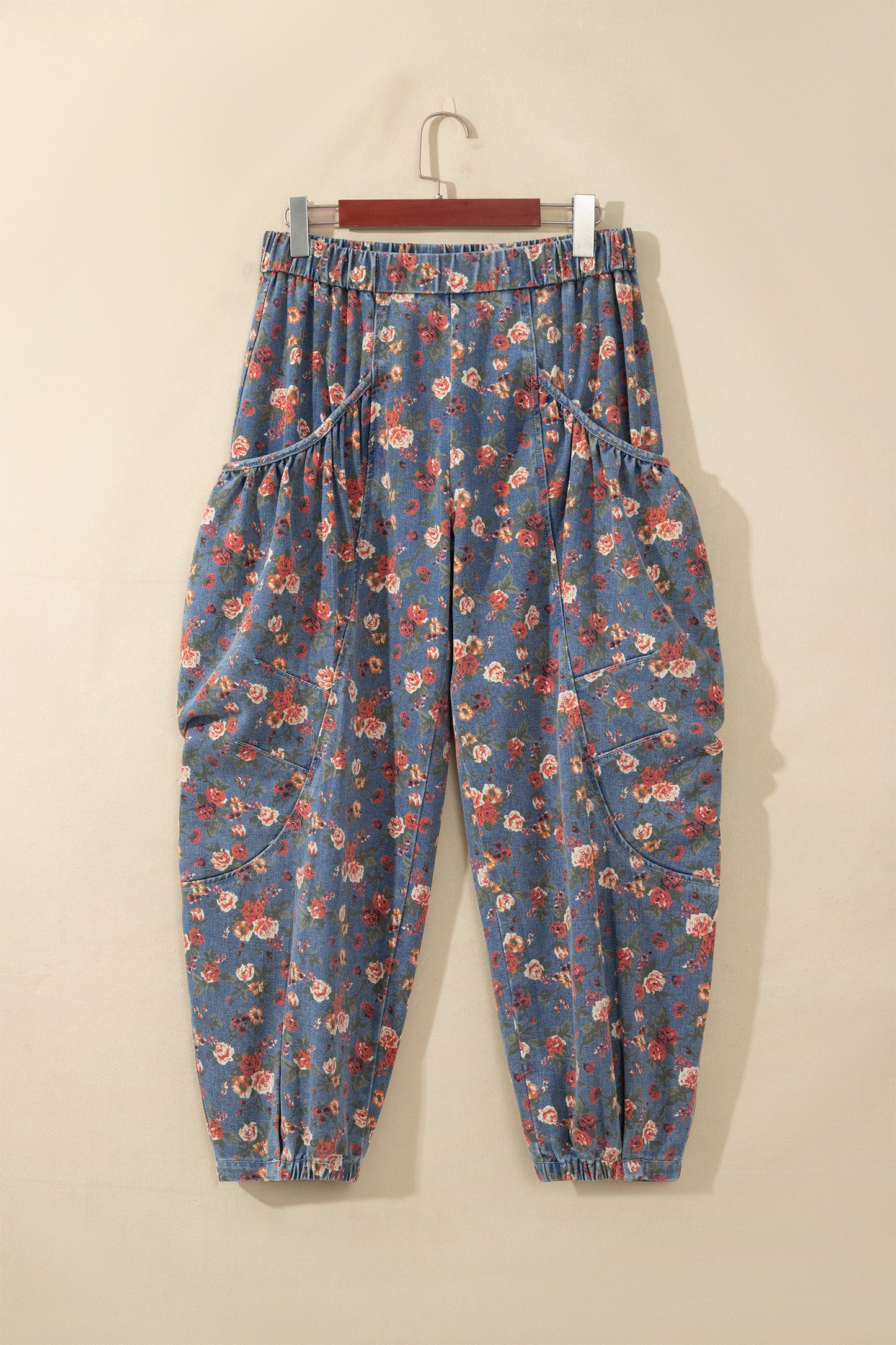 Beau Blue Retro Floral Print Elastic Waist Pocketed Barrel Jeans-Bottoms/Jeans-[Adult]-[Female]-2022 Online Blue Zone Planet